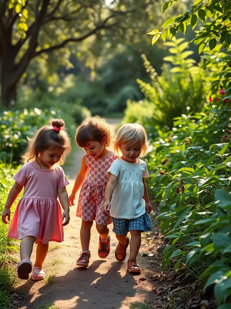 A heartwarming image of preschoolers participating in a nature walk at KiddoGarden, observing plants and insects, highlighting the daycare's nature-based education approach.