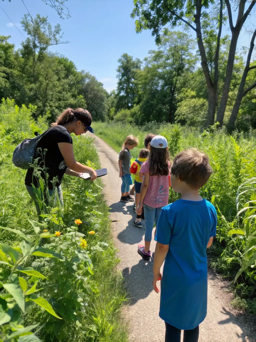 Preschoolers participating in a nature walk in the KiddoGarden outdoor play area, observing plants and insects, promoting curiosity and environmental awareness.