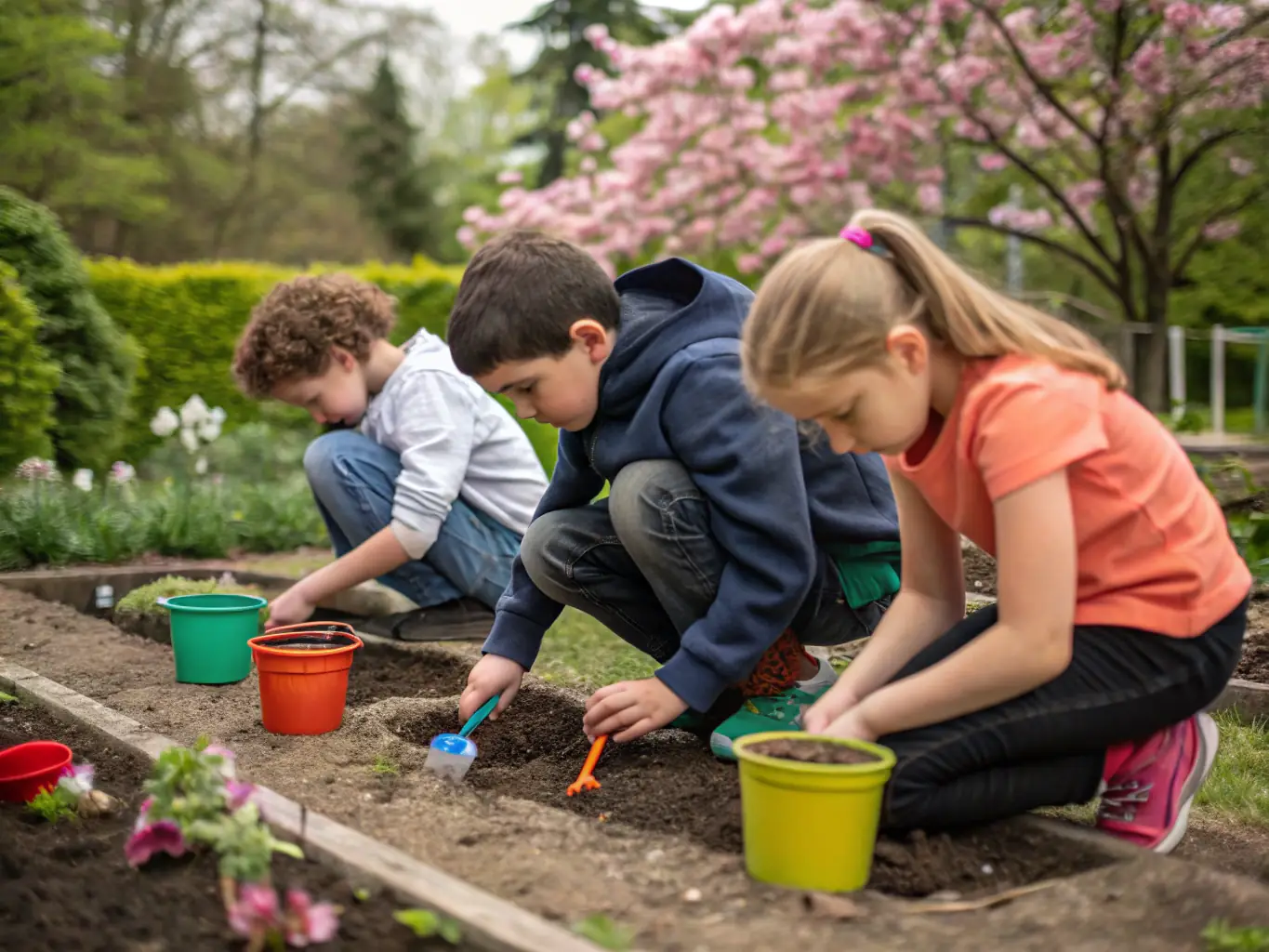 Kindergarten-aged children working together on a science experiment, observing plant growth in a KiddoGarden outdoor learning space.