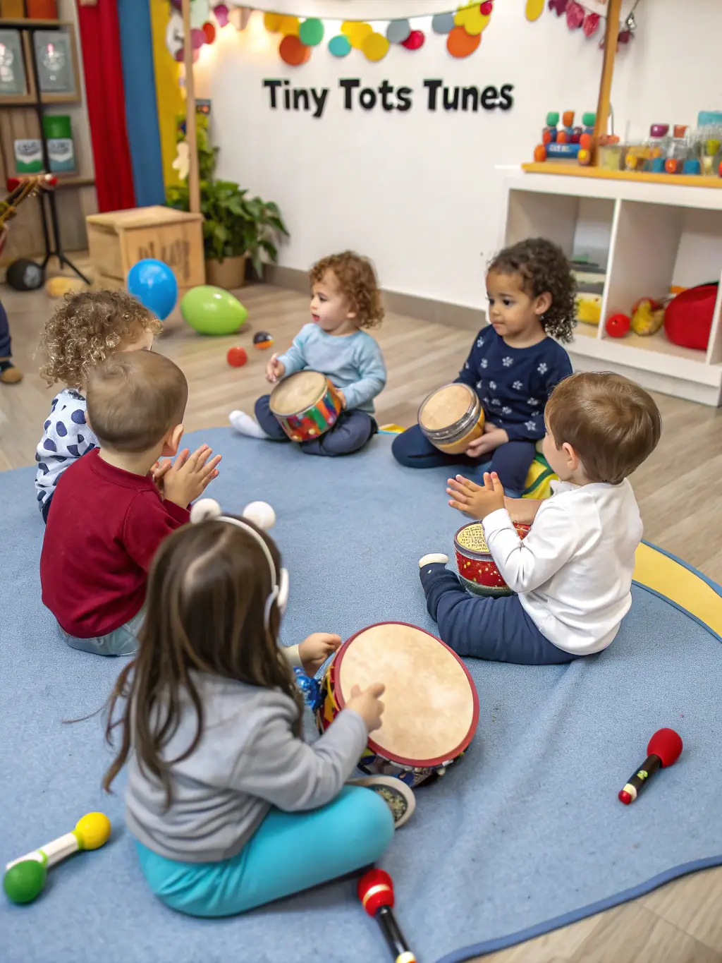 A photograph of children at KiddoGarden participating in a music and movement session, playing instruments and dancing, showcasing the program's focus on physical and creative development.