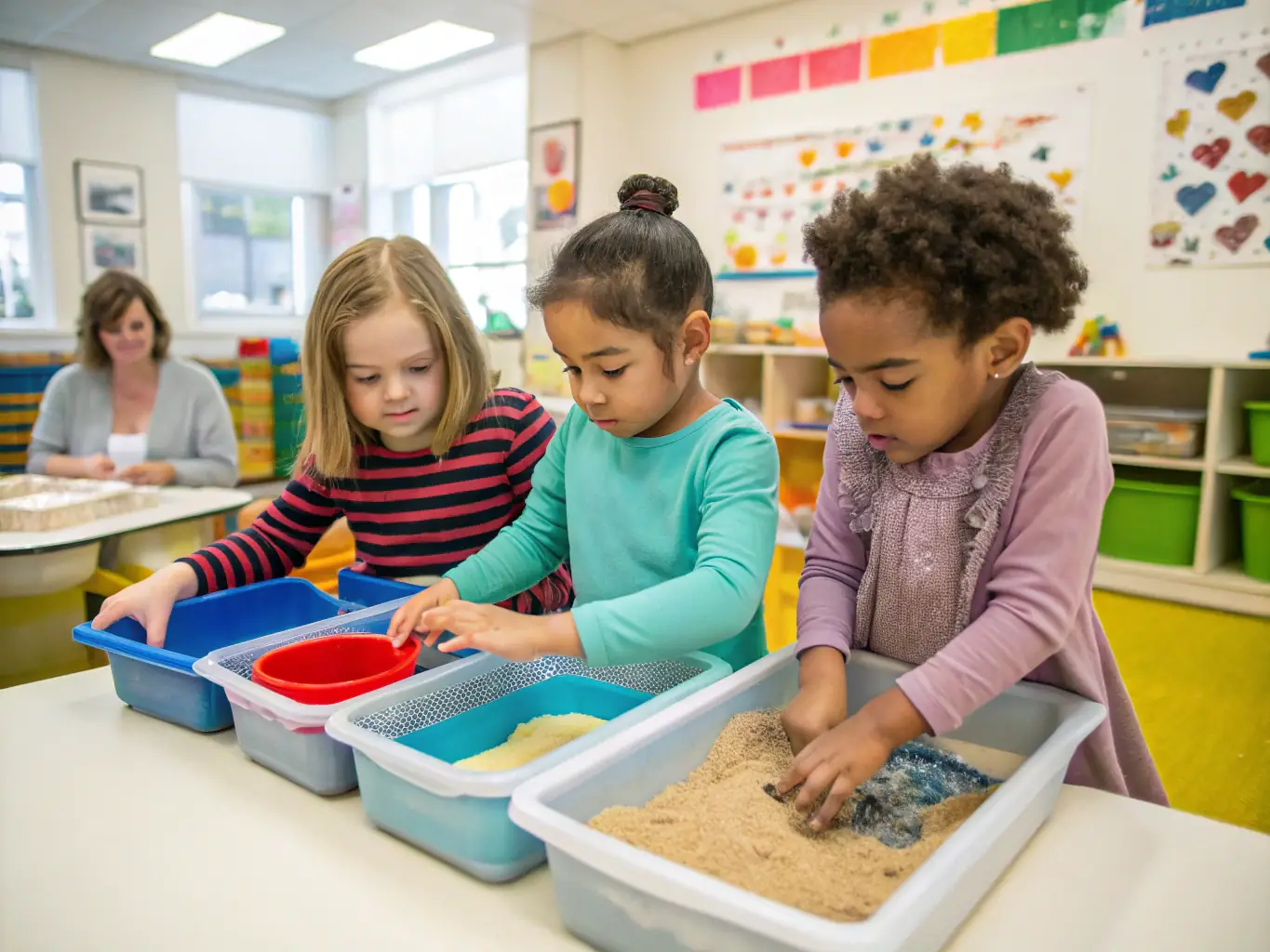 A group of toddlers joyfully participating in a sensory play activity with colorful, natural materials in a bright and inviting KiddoGarden classroom.
