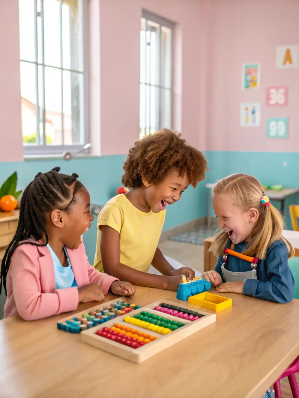 A cheerful picture of children in the pre-K class at KiddoGarden, working together on a collaborative art project, emphasizing teamwork and creative expression.
