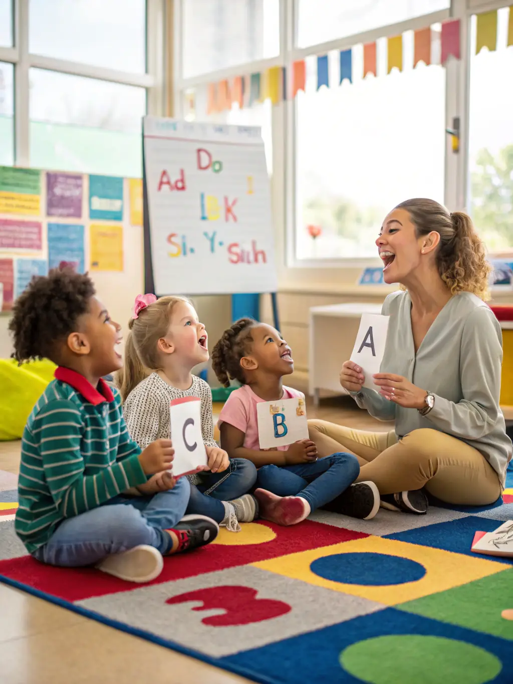 A heartwarming image of preschoolers participating in a group music session, playing instruments and singing along, reflecting the emphasis on creative expression in the 'Budding Artists' program at KiddoGarden.