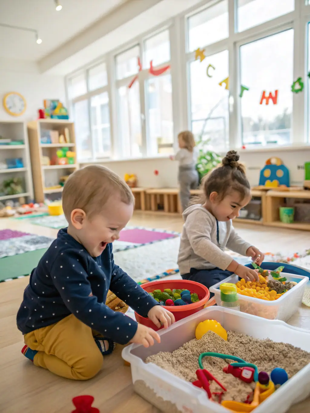 A vibrant image of toddlers engaged in sensory play with colorful, natural materials like sand and water, showcasing the hands-on learning approach of the 'Little Explorers' program at KiddoGarden.